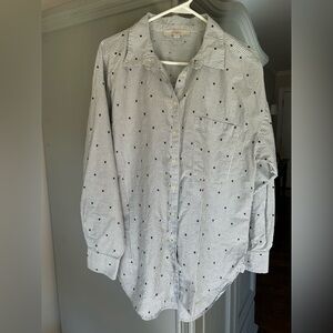 Loft White gray pin stripes navy Swiss Dot Button Front Relaxed Blouse size L